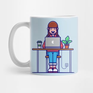 Girl Working on Laptop Cartoon Mug